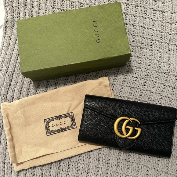 Gucci Handbags - GUCCI Long Wallet GG Marmont Leather Black Gold Snap Closure Made in ItalyGUCCI